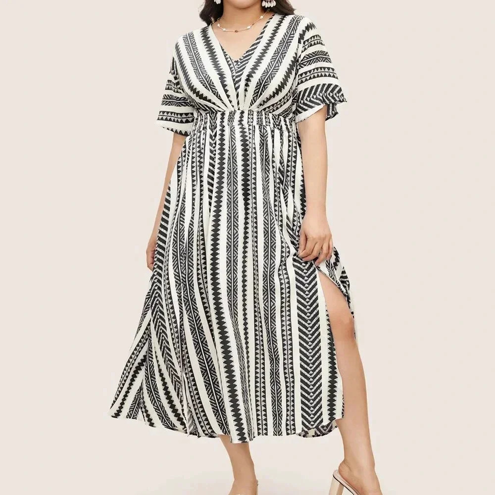 NWT Solid Geometric Dolman Sleeve Pocket Shirred Split Hem Dress - Picture 4 of 6